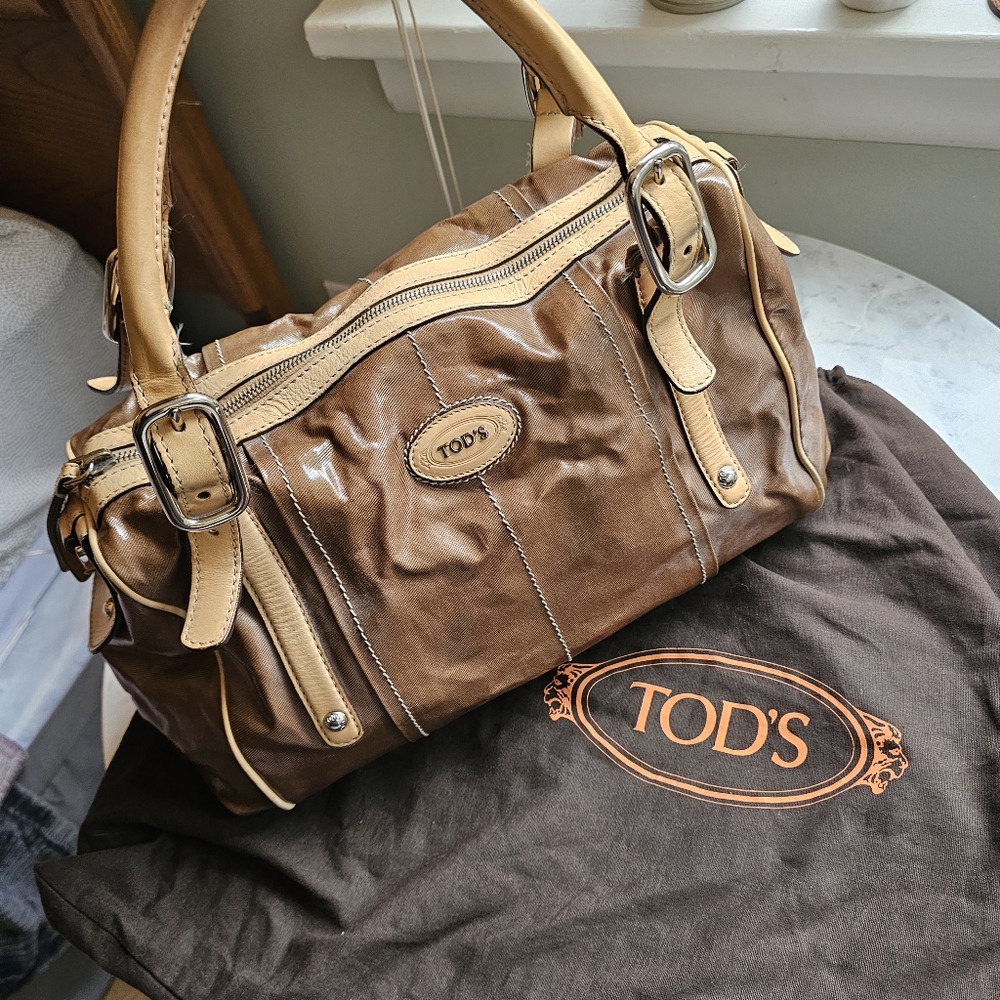 Tod's Brown Canvas G Line Grande Large Satchel Handbag